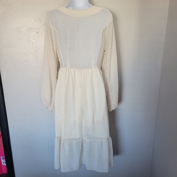 Doublju NWT Ivory White Swiss Dot Dress Long Sleeve Midi V-neck Smocked Bohemian - Picture 6 of 10